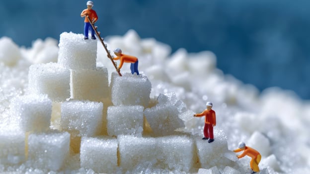 Miniature workers construct a sugar pyramid on a mound of granulated sugar, capturing a whimsical scene photo