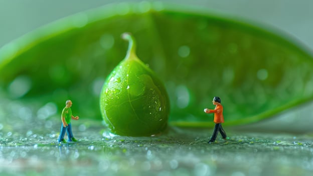 Miniature figures interact with a dew-covered green droplet on a leaf, showcasing nature's beauty photo