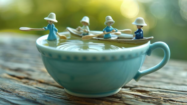 Miniature figures rowing in a large teacup on a wooden surface with a blurred natural background photo