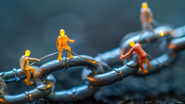 Miniature figures pulling on a metallic chain, symbolizing teamwork and collaboration in action photo
