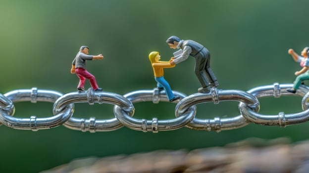 Miniature figures navigating a shiny chain, symbolizing teamwork and connection in nature photo