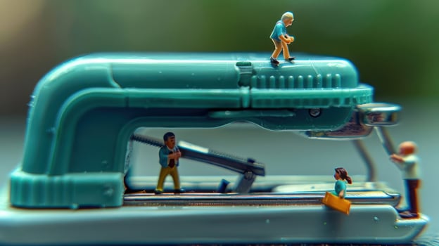 Miniature figures engaged in various activities atop a vintage stapler, showcasing creativity and fun photo