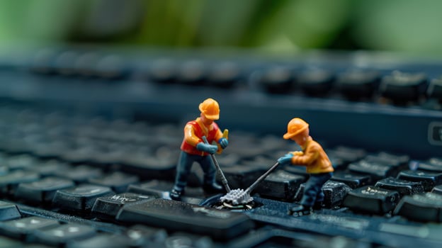 Miniature workers repairing a keyboard amidst a blurred green background, showcasing diligence photo