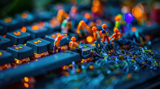 Miniature construction workers repairing a colorful keyboard amidst tangled wires and lights photo