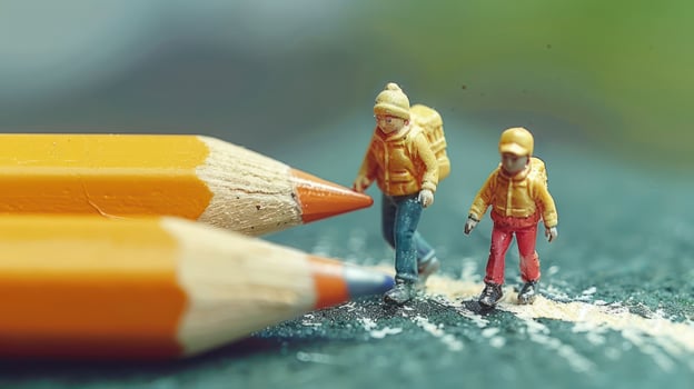 Miniature hikers exploring a colorful landscape created by pencils, showcasing creativity and adventure photo