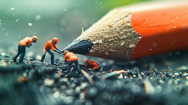 Miniature workers sharpening a giant pencil amidst shavings on a blurred green background photo