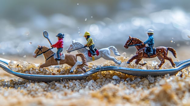 Miniature horse race on a spoon amidst sandy beach with splashing water in the background photo