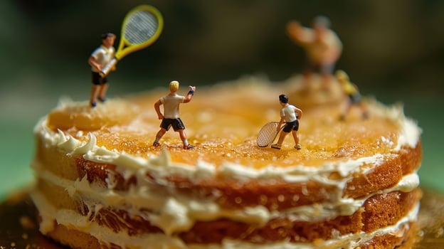 Miniature tennis players engage in a match atop a beautifully decorated cake, with a blurred background photo