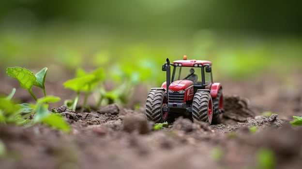 Miniature red tractor navigating through freshly tilled soil with young green plants sprouting nearby photo