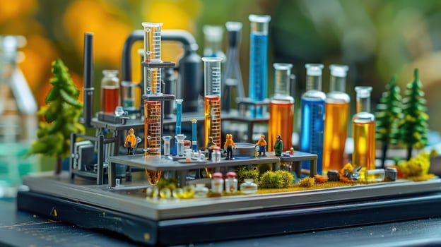 Miniature laboratory scene depicting scientists experimenting with colorful liquids amidst greenery photo