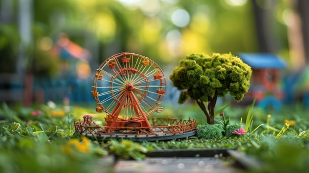 Miniature Ferris wheel surrounded by vibrant greenery and colorful play structures in a park photo