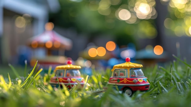 Colorful vintage toy cars on green grass with a blurred carnival scene in the background photo