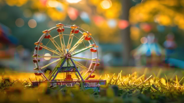 Miniature Ferris wheel on grass during a colorful outdoor fair with blurred background festivities photo