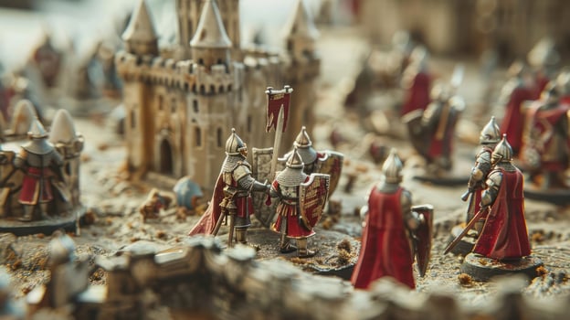 Miniature medieval scene depicting knights in armor engaging near a detailed castle backdrop photo