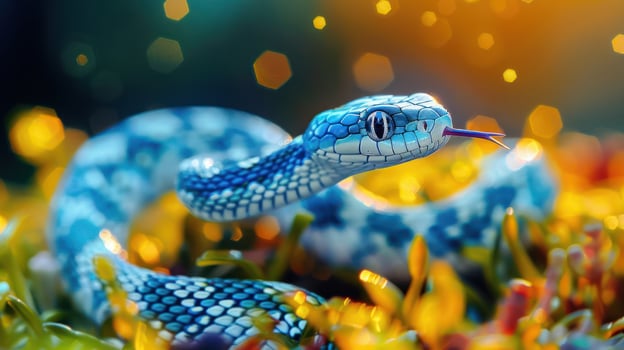 Vibrant blue snake slithering through colorful foliage under a shimmering, sunlit background photo