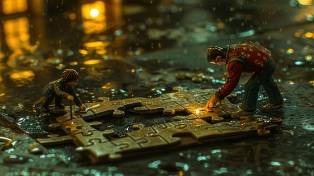 Two miniature figures assembling a puzzle on a wet surface, illuminated by warm lights, creating a cozy atmosphere photo