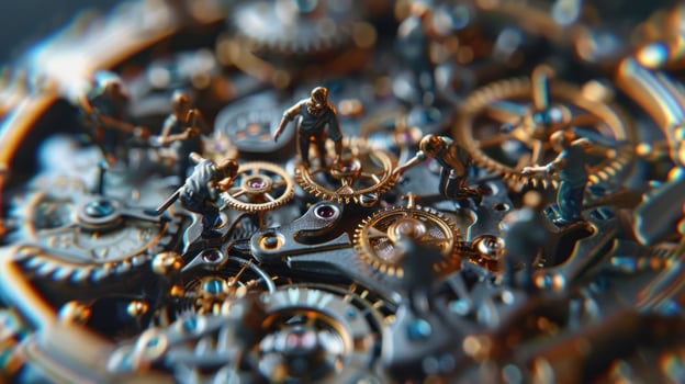 Intricate close-up of a mechanical watch's inner workings with tiny figures repairing gears photo