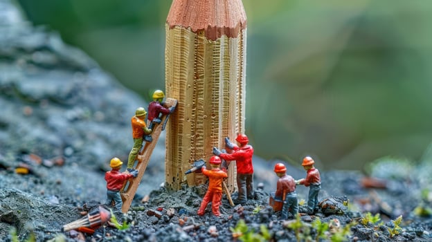 Miniature workers carving a giant pencil in a lush outdoor setting with vibrant greenery photo