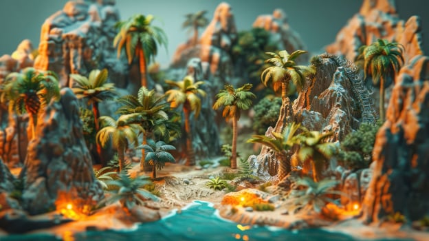 Lush tropical landscape with palm trees, rocky formations, and serene water, evoking tranquility photo