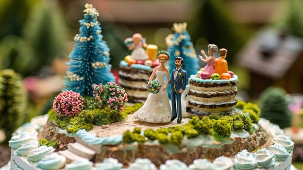 Wedding cake decoration featuring a bride and groom with figurines in a scenic outdoor setting photo