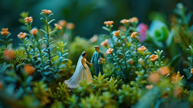 Miniature wedding scene amidst vibrant flowers, capturing love in nature's embrace photo
