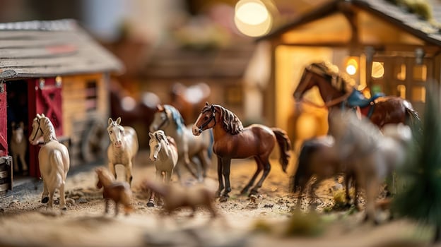 Miniature horse figurines gathered around a stable, showcasing vibrant details and soft lighting photo
