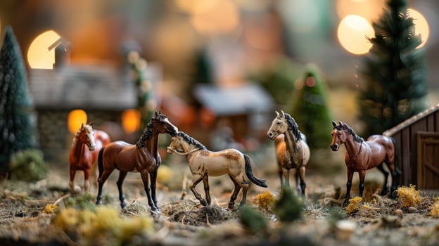 A serene miniature scene featuring toy horses interacting in a detailed rural setting with blurred lights photo