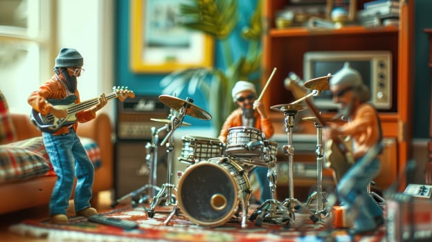 Miniature musicians performing a lively jam session in a cozy living room setting photo
