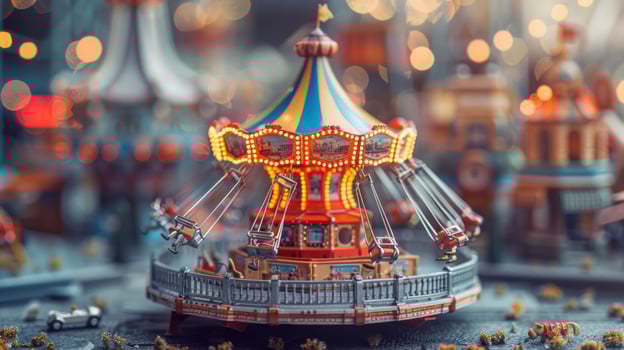 Colorful carousel model with illuminated lights, surrounded by festive decorations and blurred background photo