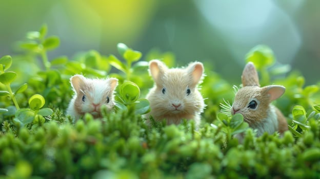 Three adorable baby rabbits peeking through lush green foliage in a serene garden setting photo