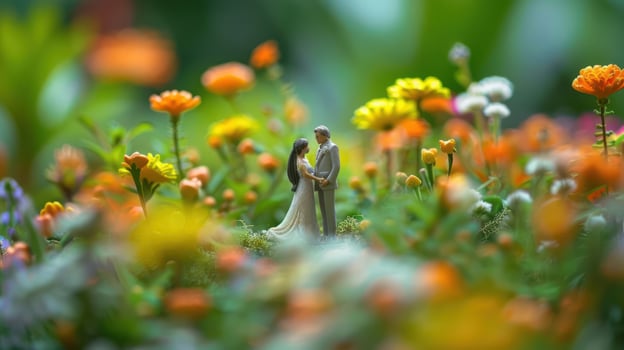 A couple stands among vibrant flowers, celebrating their love in a lush garden setting photo