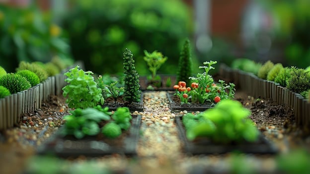 Miniature garden scene showcasing a variety of plants and vegetables in a vibrant setting photo
