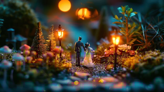 A whimsical miniature scene of a couple walking hand in hand through a magical garden at dusk photo