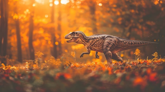 A dinosaur running through a vibrant autumn forest filled with colorful leaves and sunlight photo