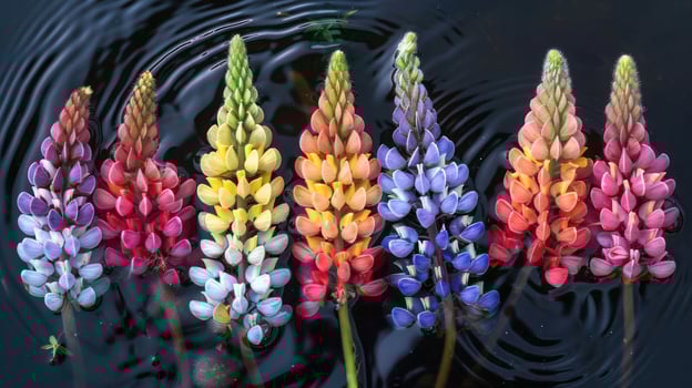 Colorful lupine flowers arranged in a serene pond, reflecting vibrant hues against rippling water photo