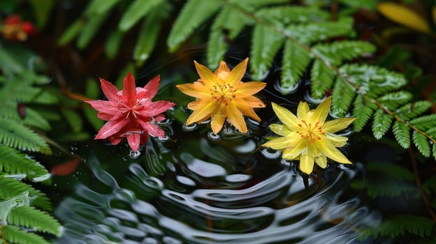 Vibrant Water Lilies in Tranquil Pond Surrounded by Lush Greenery and Gentle Ripples photo