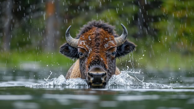 Bison swimming through a rain-soaked river in a lush green forest, showcasing nature's beauty photo