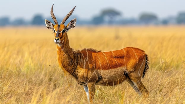 Majestic antelope standing gracefully in golden grassland under a bright blue sky photo