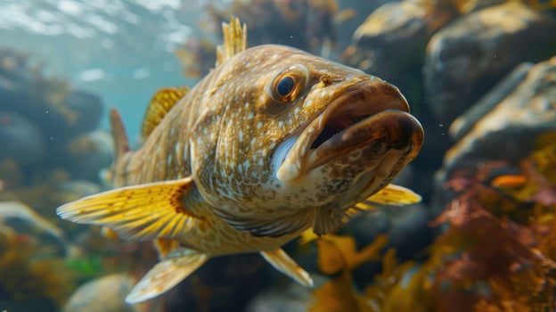 Underwater scene featuring a close-up of a fish swimming among vibrant seaweed and rocks photo