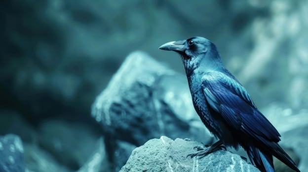 A striking raven perched on a rocky surface, with a blurred natural background creating depth photo
