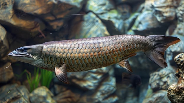 Majestic freshwater fish swimming gracefully among rocky underwater landscape photo