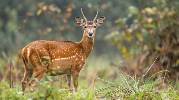 A serene spotted deer standing gracefully in a lush green forest, surrounded by vibrant foliage photo