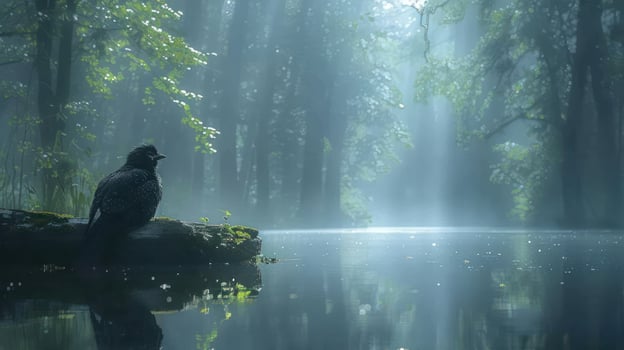 Serene forest scene with a bird perched by a misty lake, surrounded by lush greenery and soft light photo