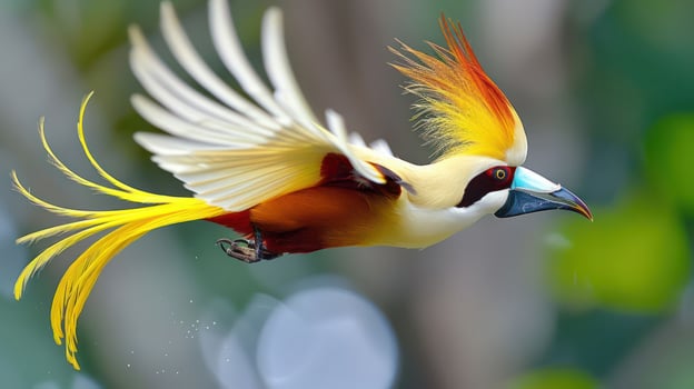 Vibrant tropical bird in mid-flight, showcasing colorful plumage against a blurred natural backdrop photo