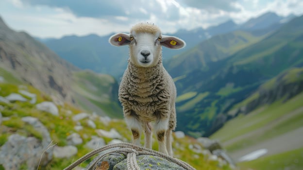 A curious sheep stands on a lush green hillside, surrounded by majestic mountains under a cloudy sky photo