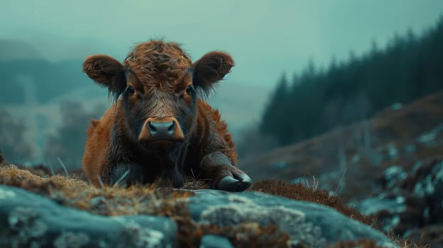 A serene cow resting on rocky terrain in a misty landscape with distant hills and trees photo