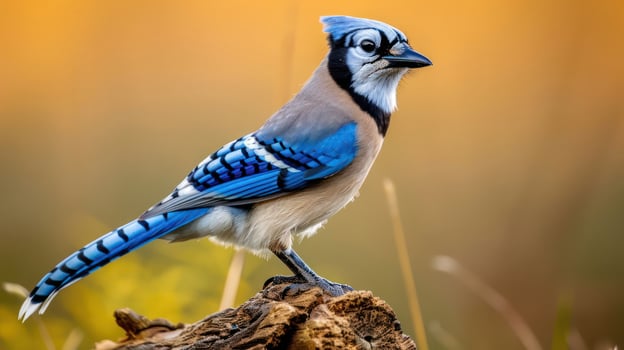 A vibrant blue jay perched on a rustic log, surrounded by a blurred autumn landscape photo