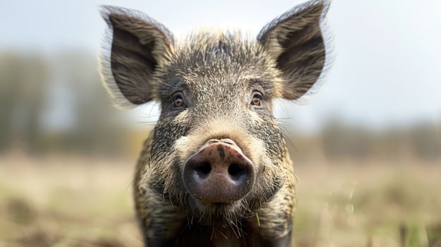 Close-up of a wild boar in a natural setting, showcasing its features against a blurred background photo