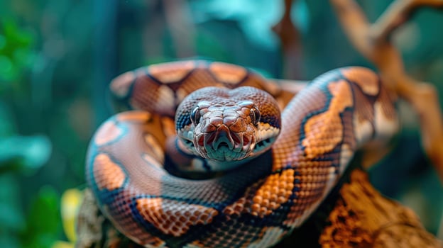 Close-up of a vibrant snake resting on a branch in a lush green environment, showcasing its scales photo