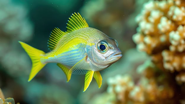 Vibrant yellow fish swimming gracefully among colorful coral reef in a clear ocean environment photo
